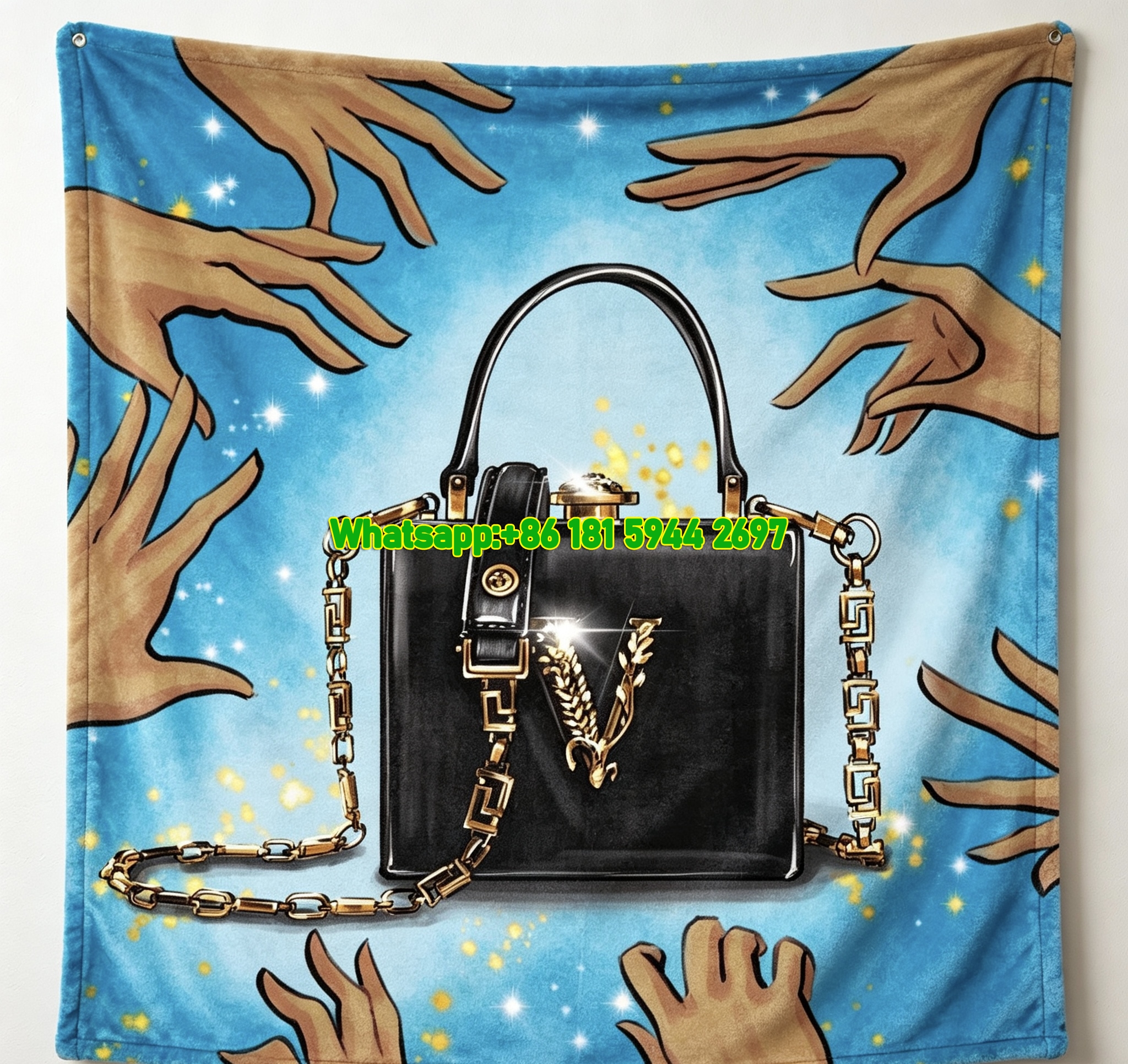 Versace Black Gold V Logo Handbag Blue Background Print Flannel Throw Blanket Luxury Sofa Cover Blanket IMG_1690